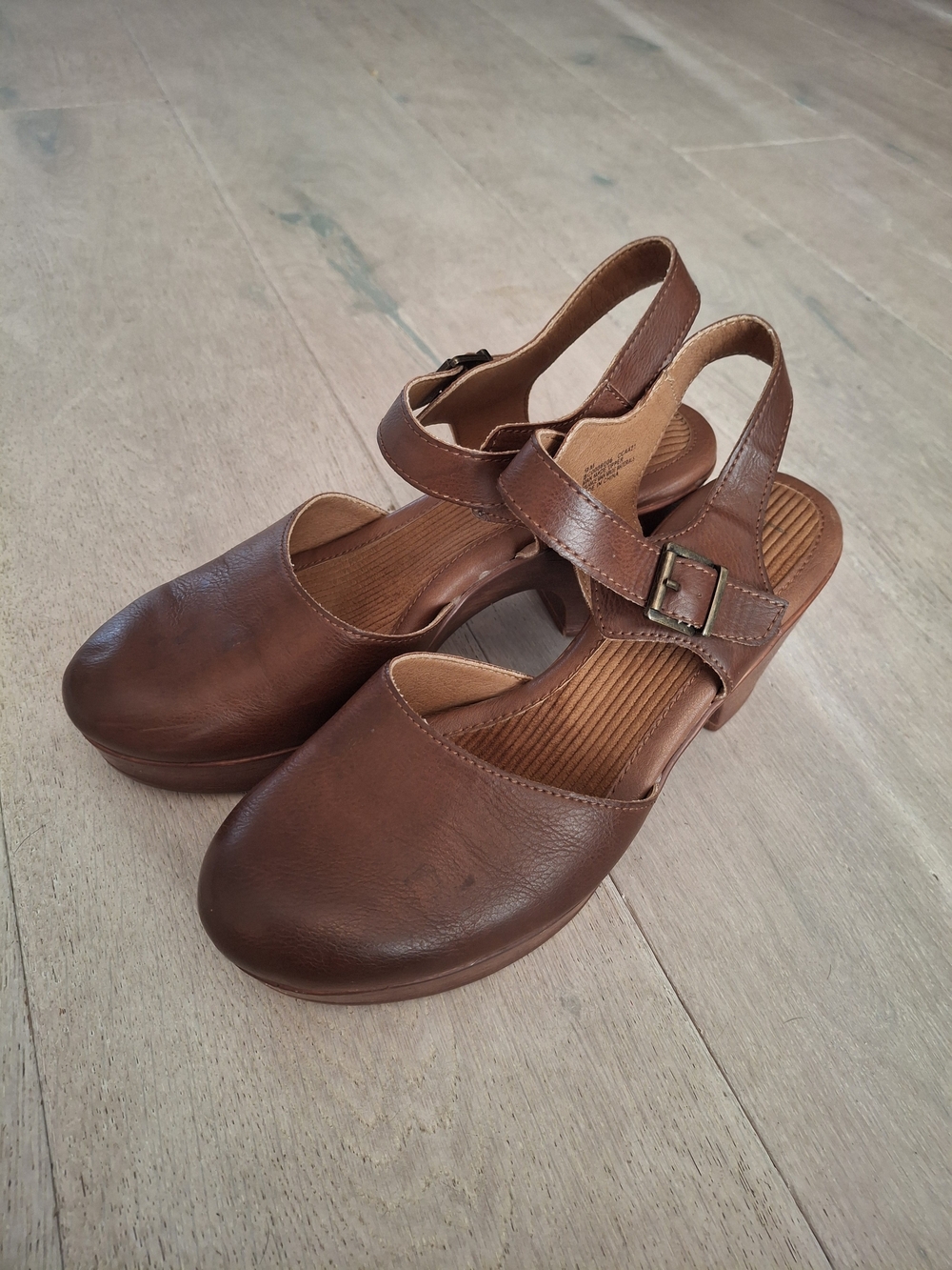 boc Brown Leather Slingback Clogs with Buckle